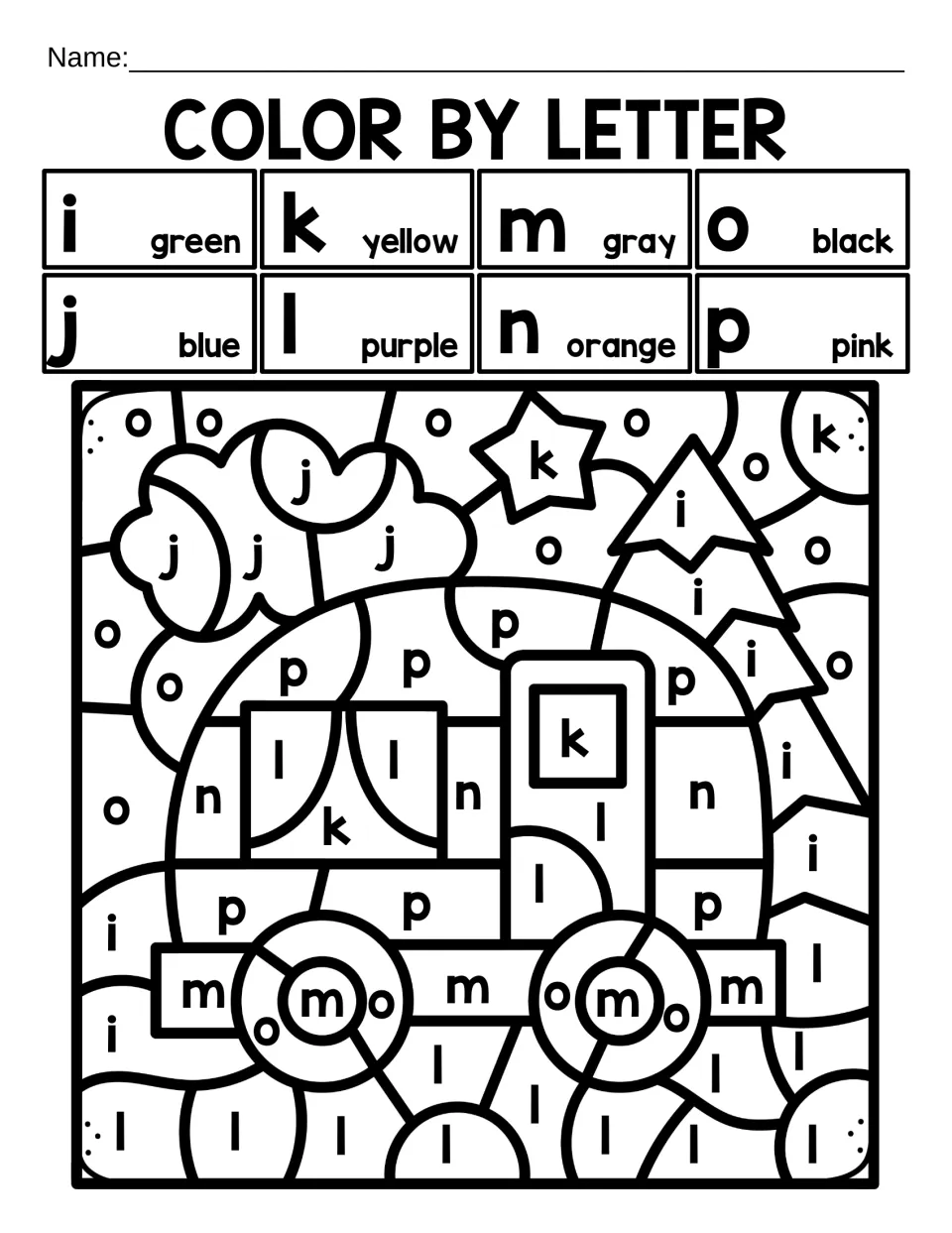 Color by letter, i to p: students color by lowercase i through p to reveal a camper, pine tree, star and cloud