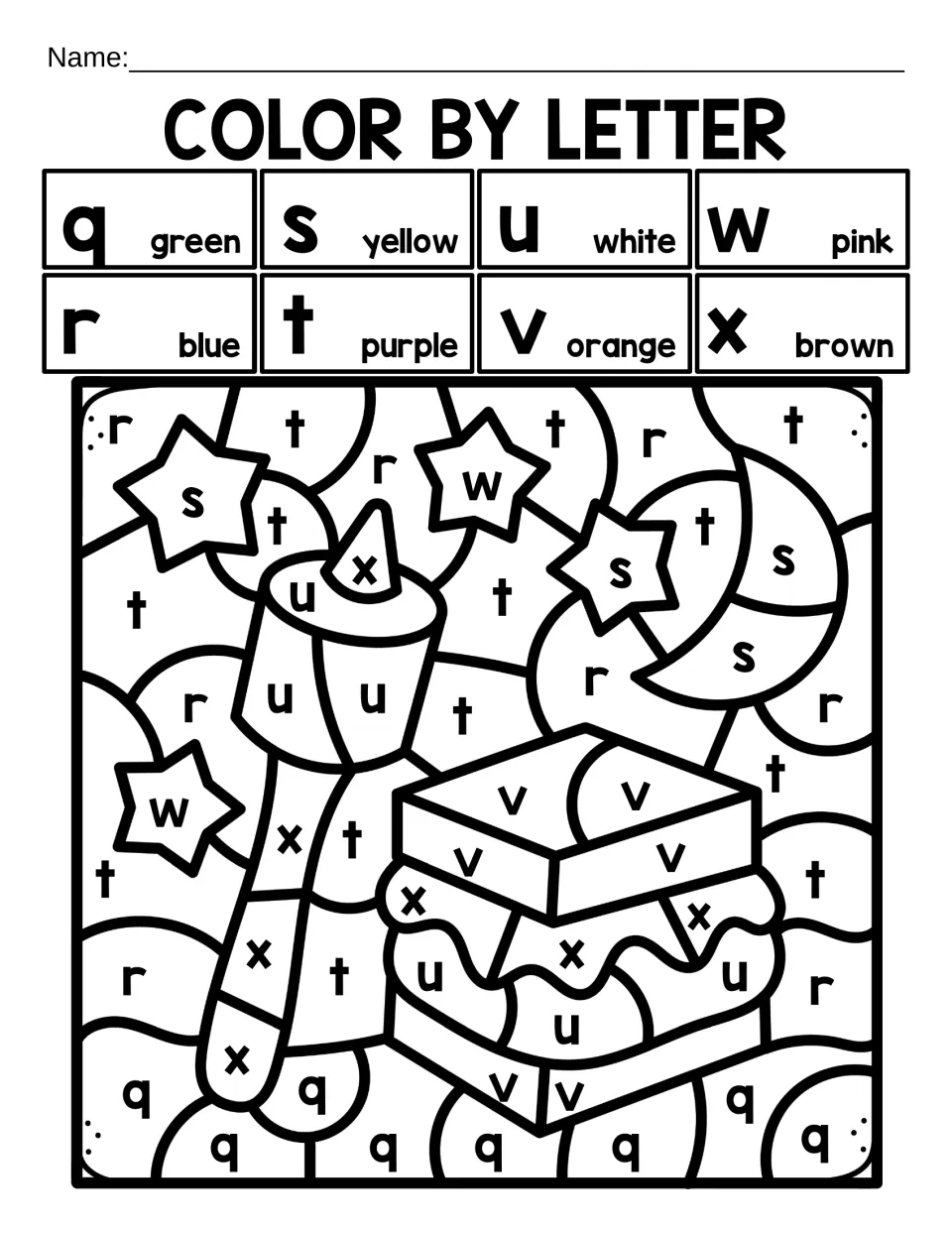 Color by letter, q to x: students color by lowercase q through x to reveal a s'more, marshmallow on a stick, moon and stars