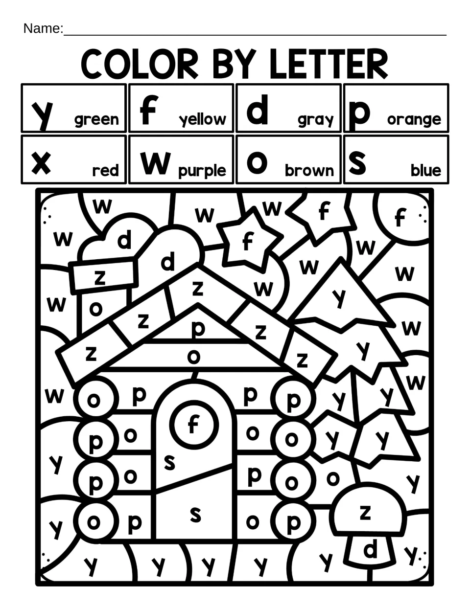 Color by letter, mixed review: students match lowercase y, f, d, p, z, w, o and s to colors to reveal a log cabin