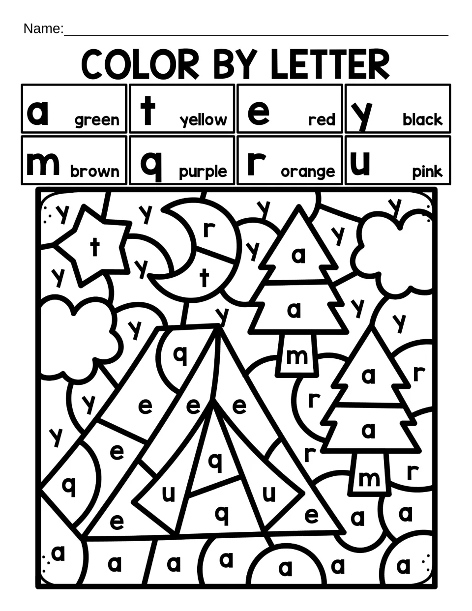 Color by letter: students find lowercase a, t, e, y, m, q, r and u and color each to reveal a tent beside two pine trees