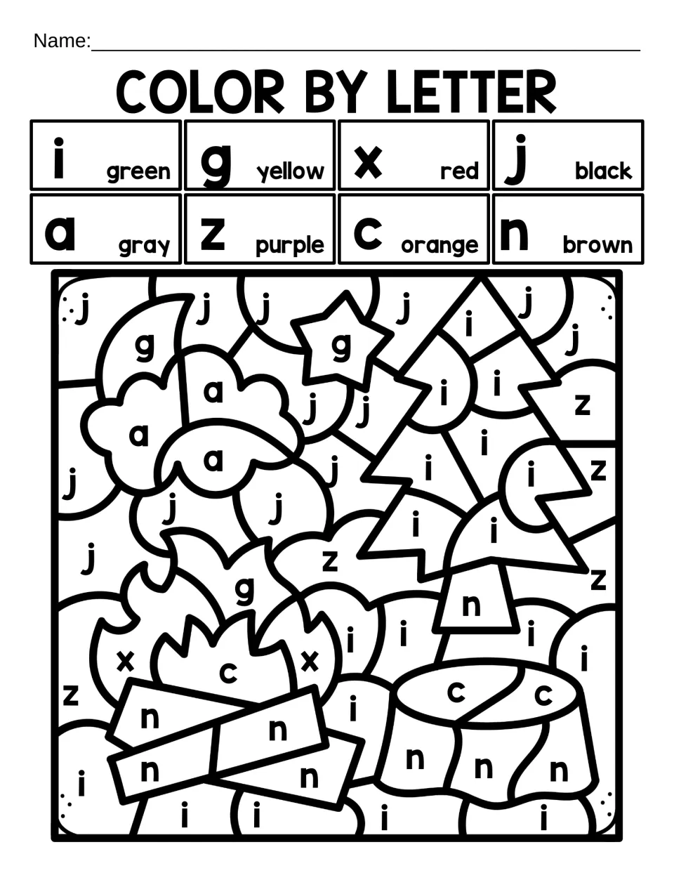 Color by letter: students color lowercase i, g, x, j, a, z, c and n to reveal a campfire, tree stump, pine tree and moon