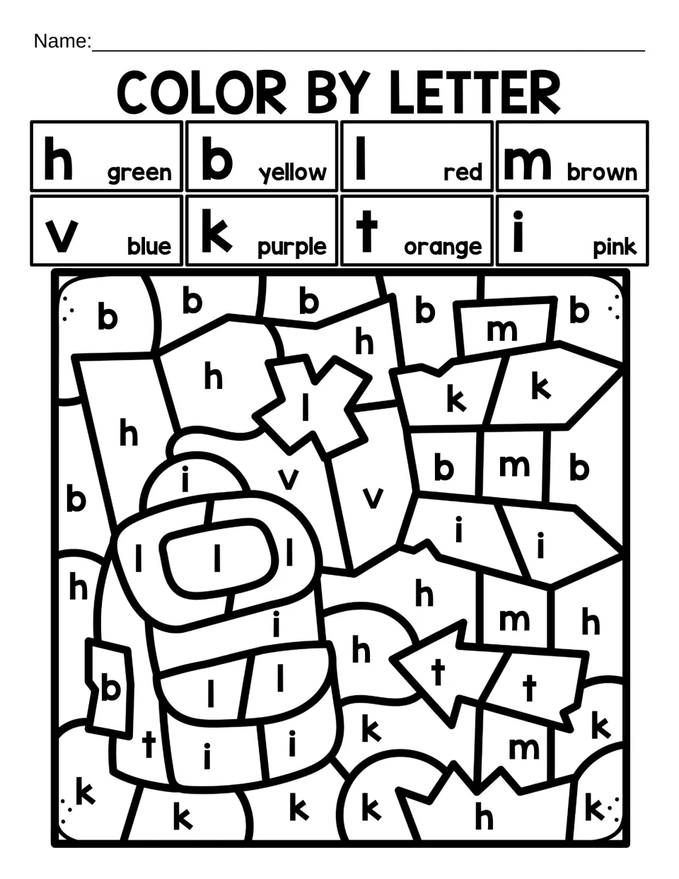 Color by letter: students color lowercase h, b, l, m, v, k, t and i to reveal a backpack, a map with an X and an arrow