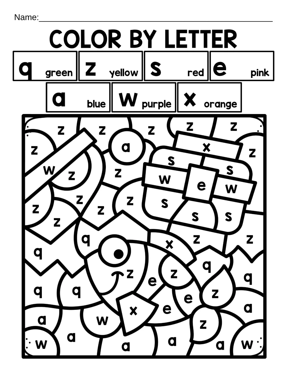 Color by letter: students color lowercase q, z, s, e, a, w and x to reveal a smiling fish and a fishing rod