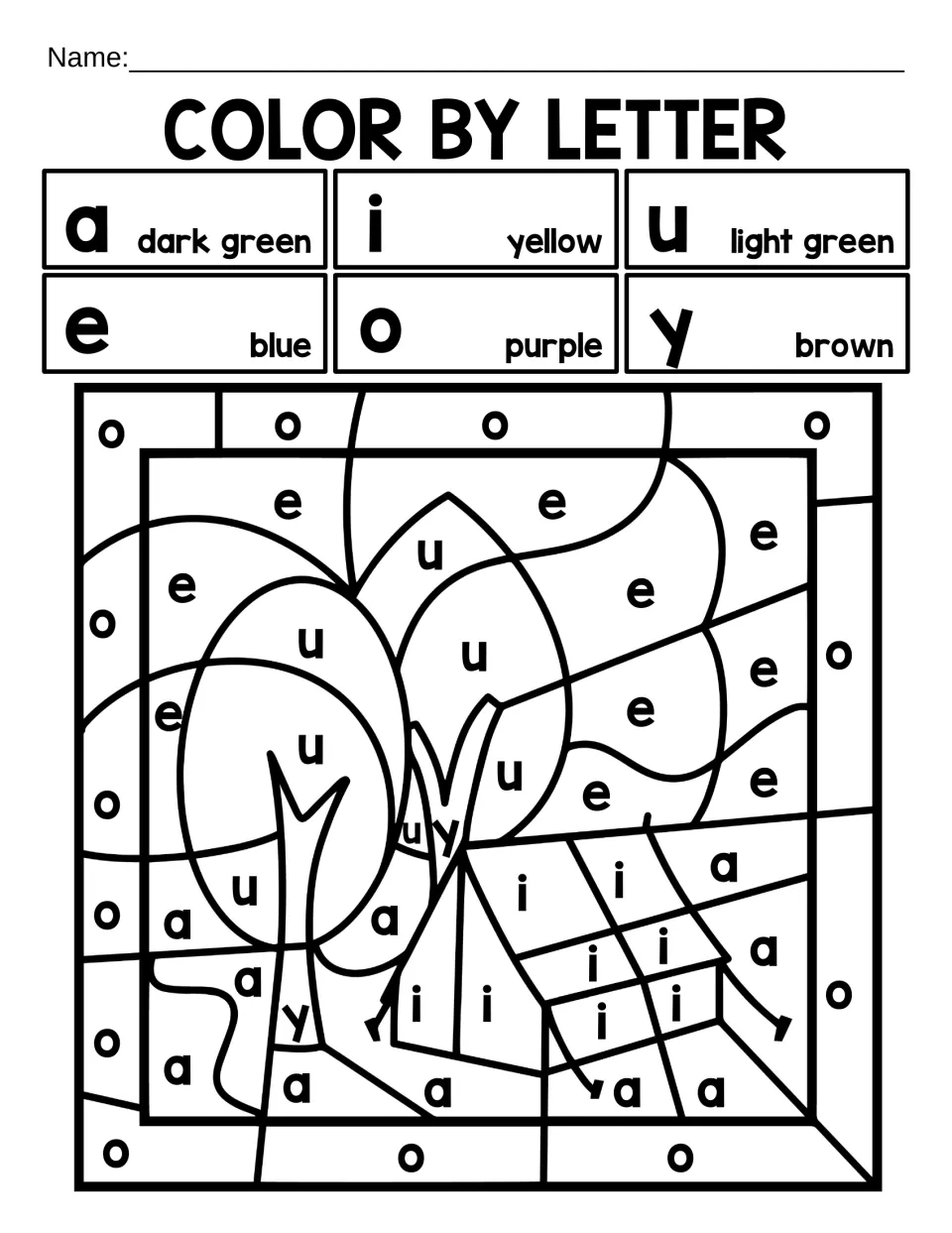 Color by letter, vowels and y: students color lowercase a, e, i, o, u and y to reveal a tent under two trees