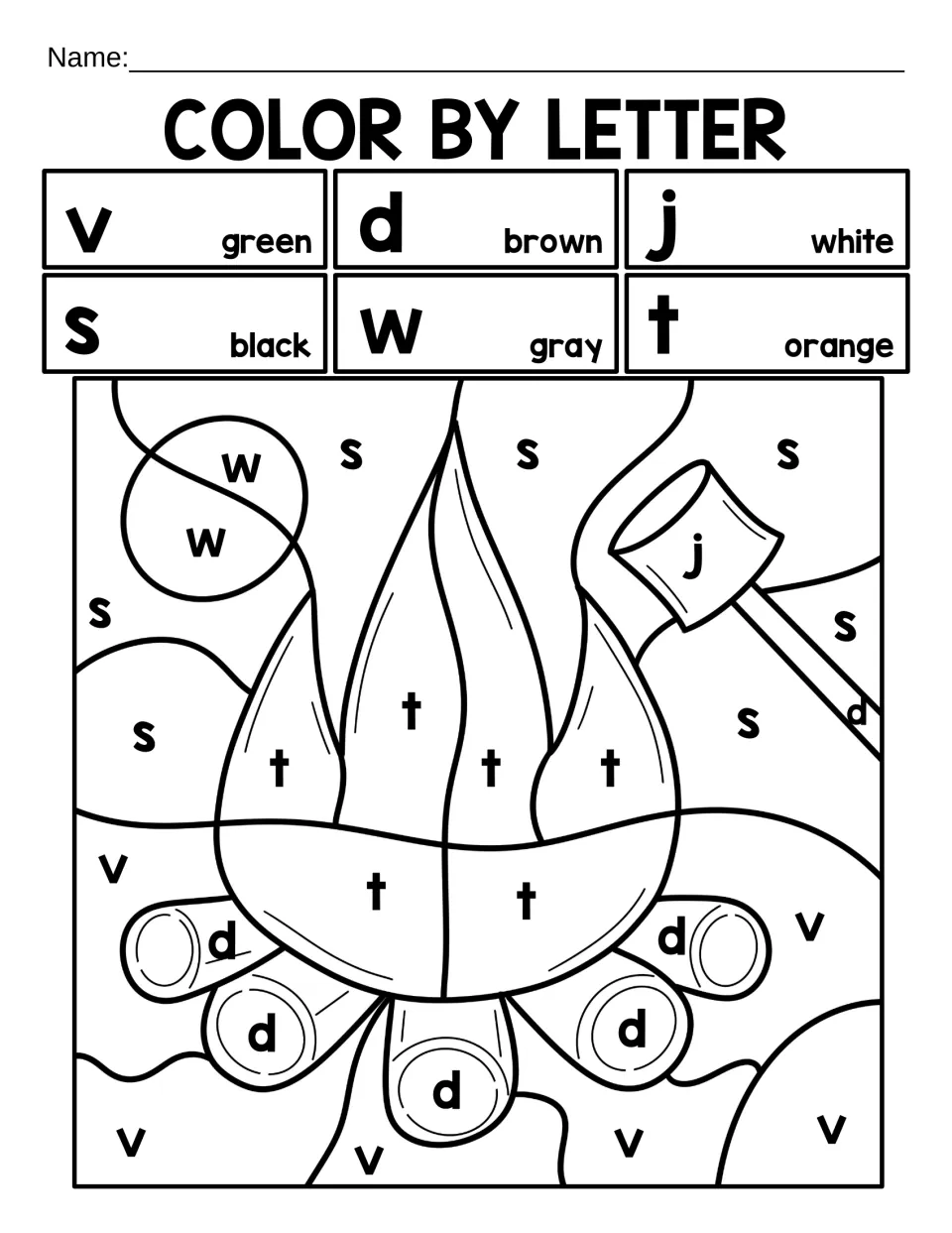 Color by letter: students color lowercase v, d, j, s, w and t to reveal a campfire with logs and a marshmallow on a stick