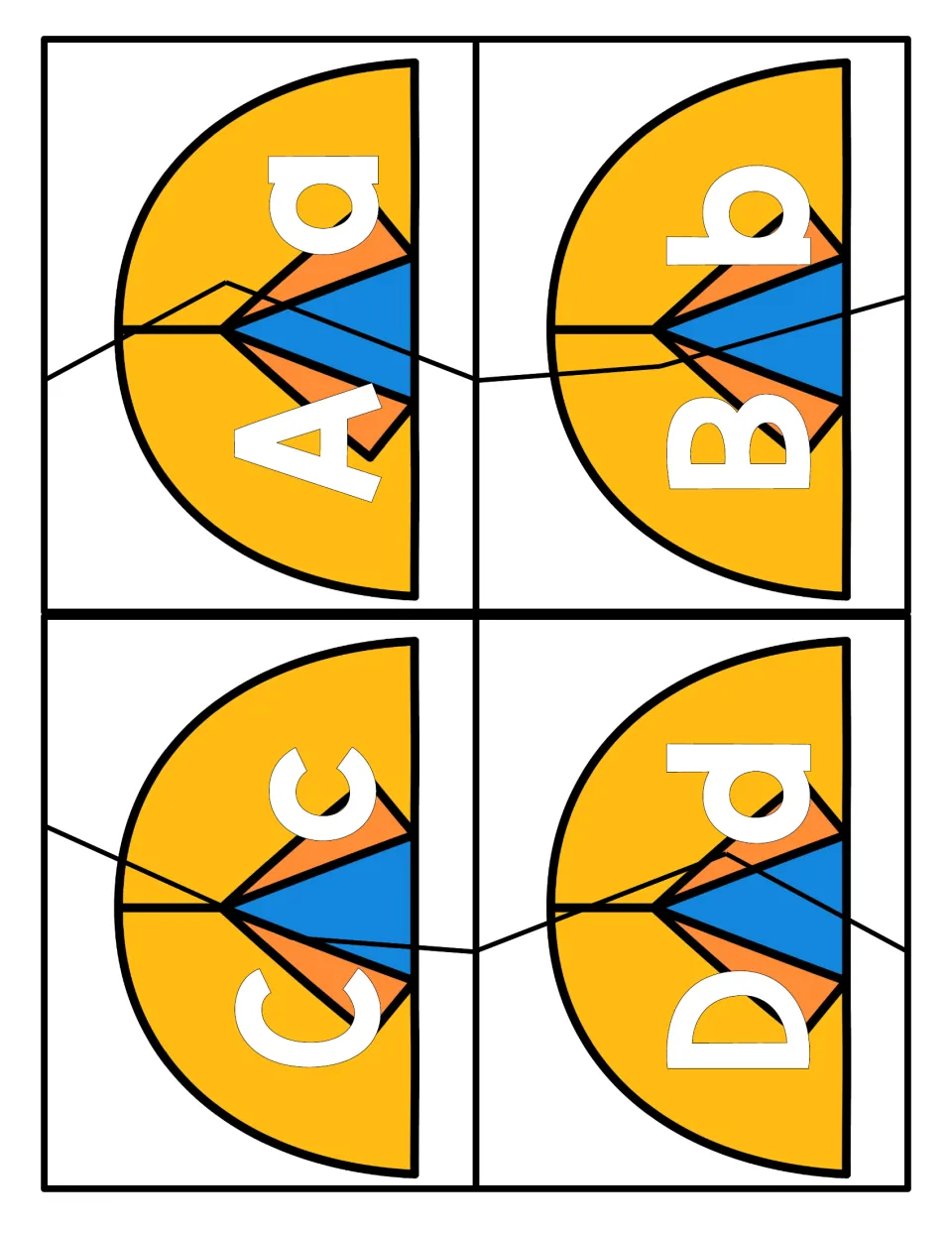 Letter matching for A to D: students cut each yellow tent card on its line and join uppercase A, B, C, D to lowercase