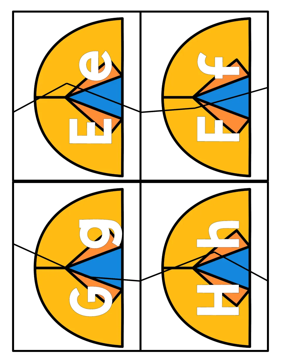 Letter matching for E to H: students cut apart two-piece tent cards and fit uppercase E, F, G, H to their lowercase pairs