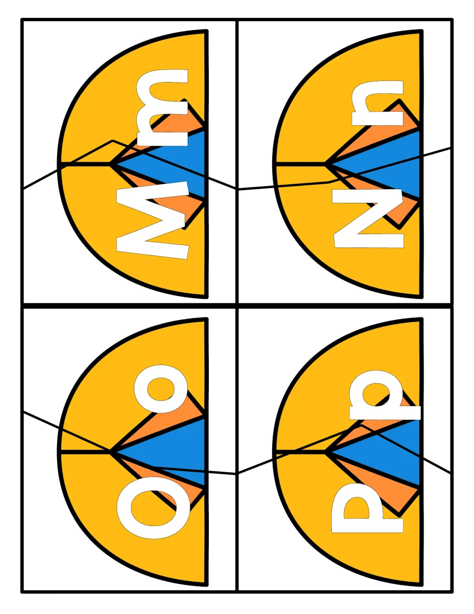 Letters M to P on two-piece tent cards: students match uppercase M, N, O, P with lowercase m, n, o, p after cutting