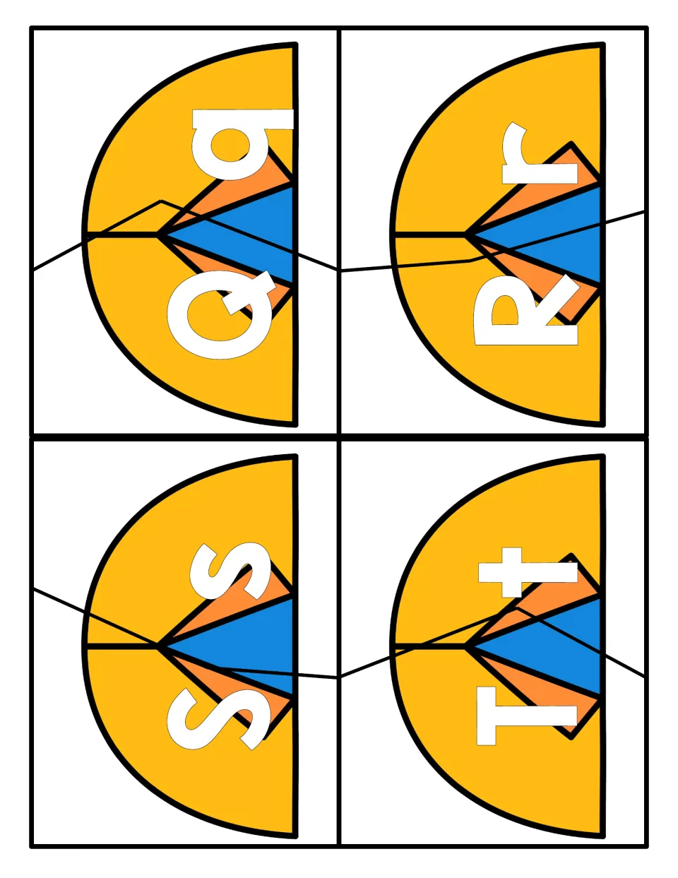 Matching capital and small letters Q, R, S and T: students cut tent cards on the line and rejoin each letter's two halves
