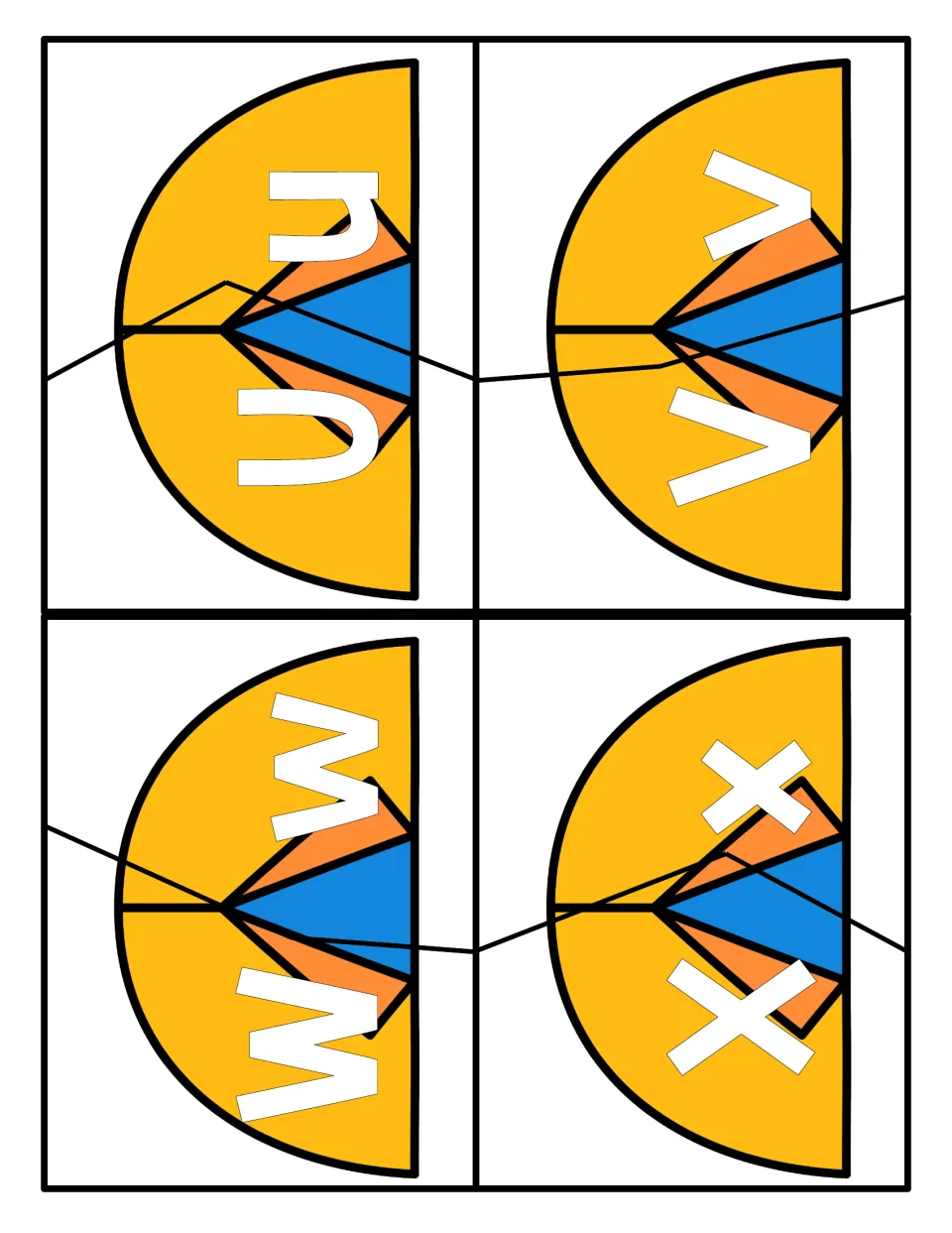 Tent puzzles for U, V, W and X: students cut each card into two pieces and pair the uppercase letter with its lowercase