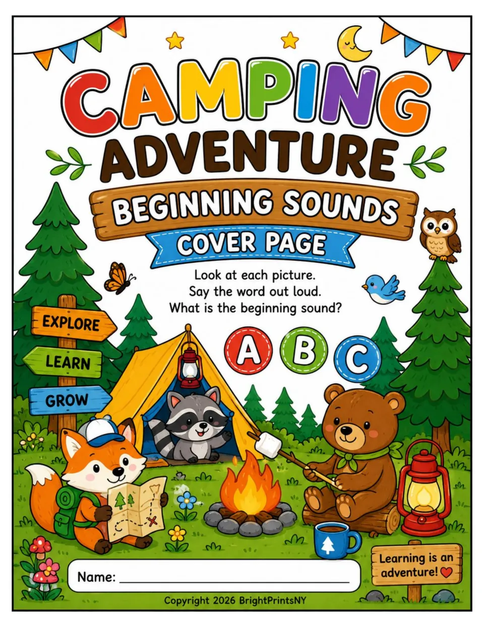 Beginning-sounds packet cover instructing children to name each picture aloud and identify its first sound