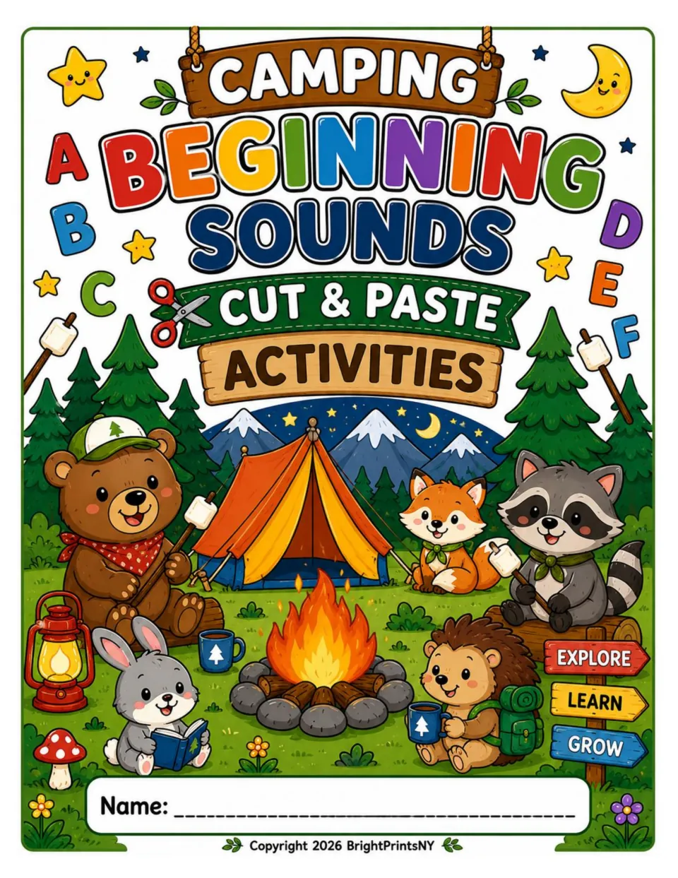 Camping phonics activity cover titled Beginning Sounds Cut & Paste Activities, displaying letters A through F