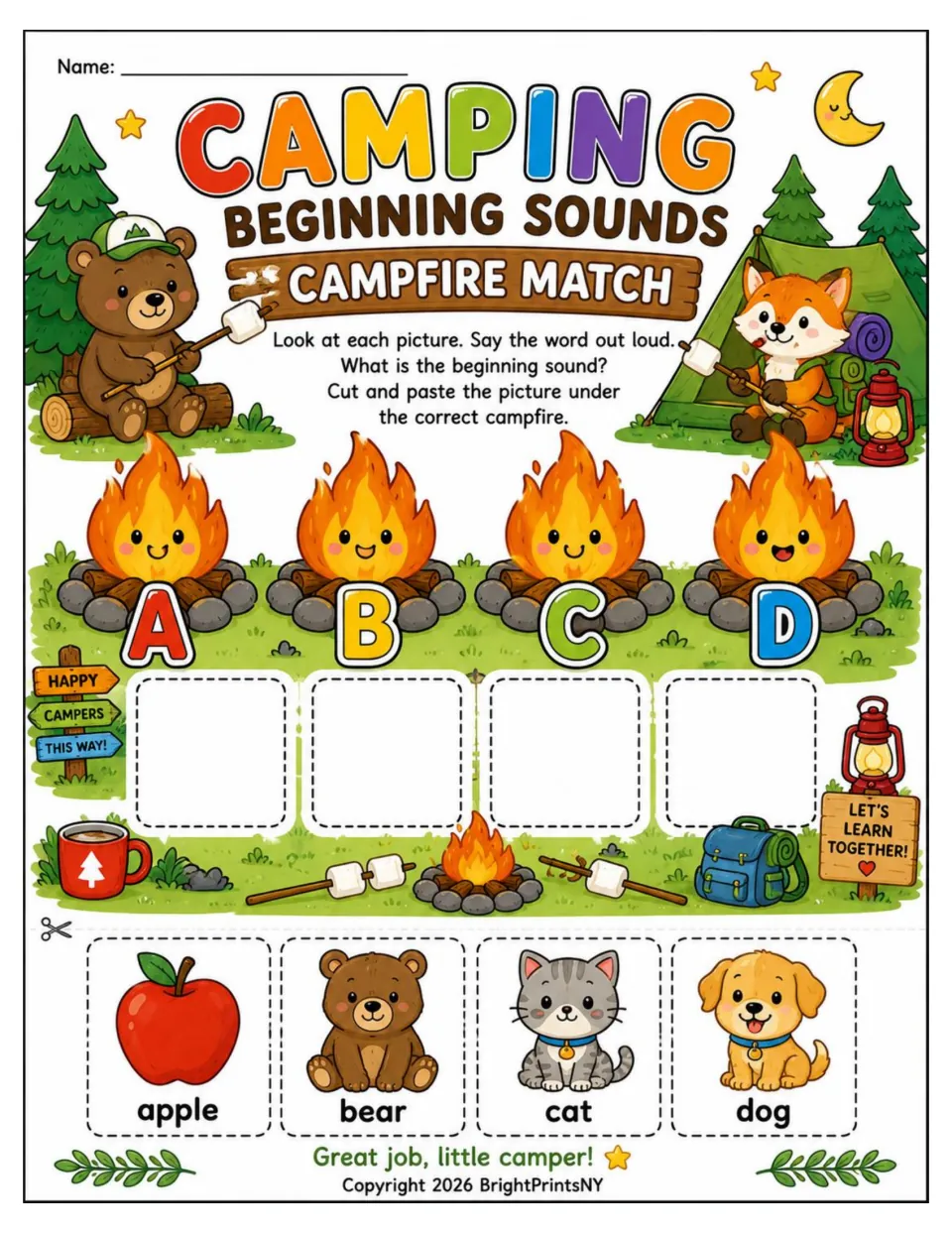 Campfire Match beginning-sounds activity: cut and paste apple, bear, cat, and dog under campfires A, B, C, and D