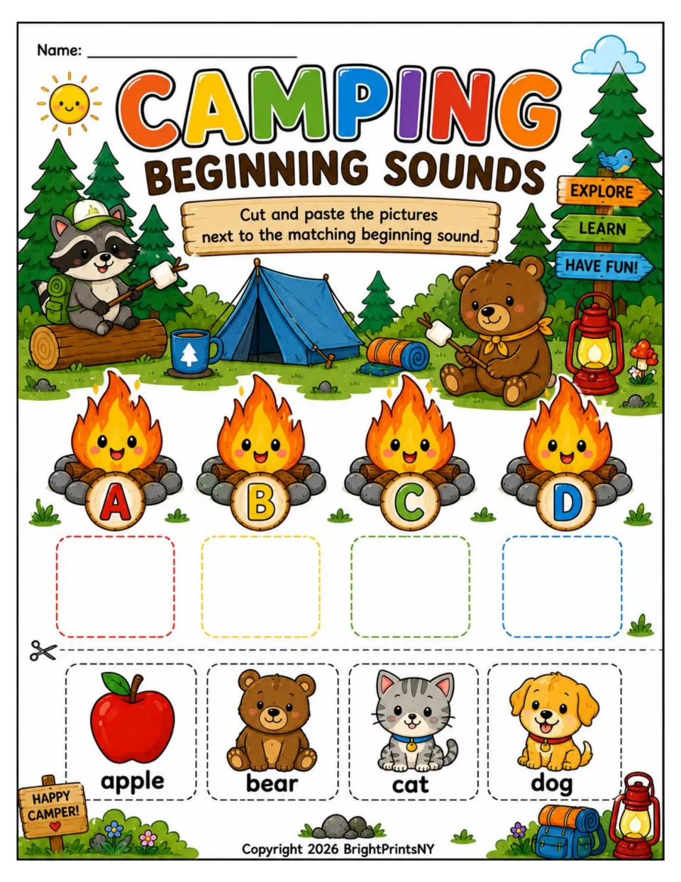 Beginning-sounds cut-and-paste activity matching apple, bear, cat, and dog to campfires labeled A, B, C, and D