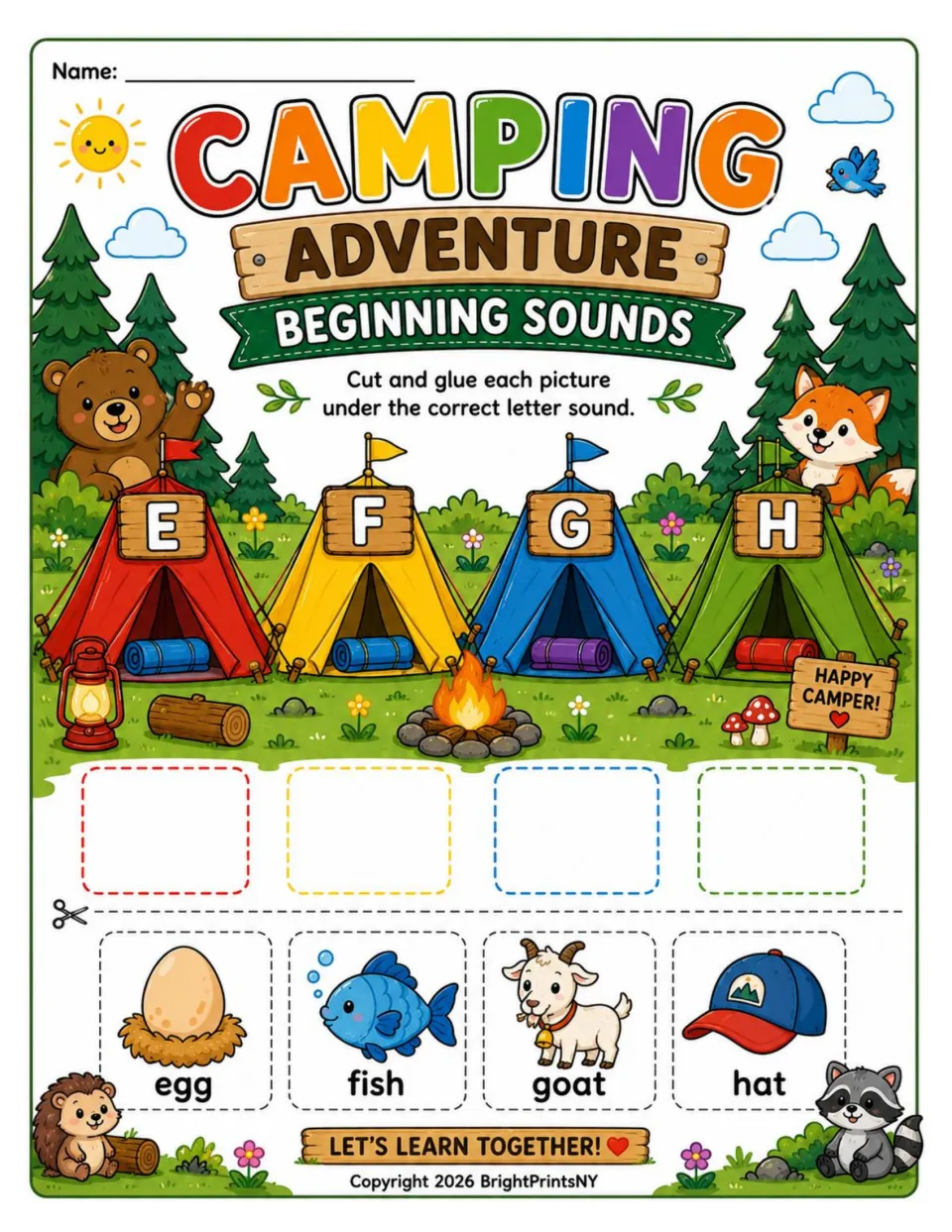 Beginning-sounds cut-and-glue activity matching egg, fish, goat, and hat under tents labeled E, F, G, and H