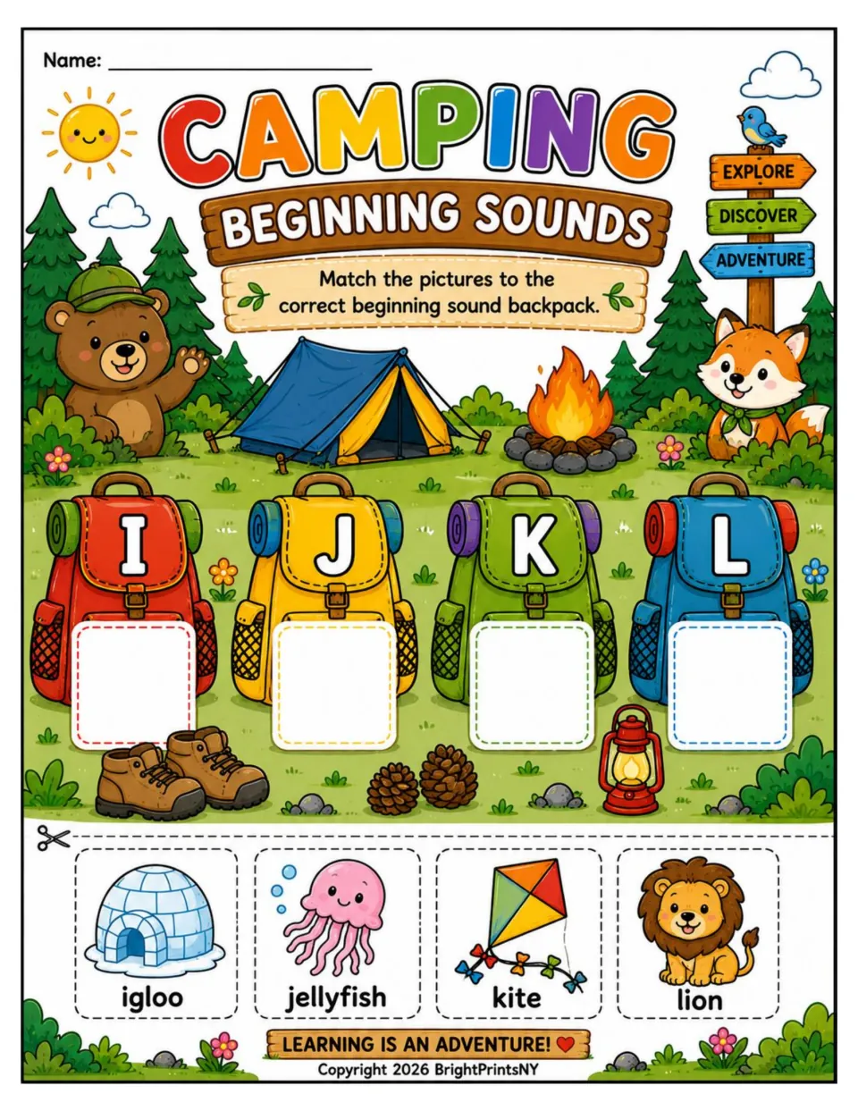 Beginning-sounds activity matching igloo, jellyfish, kite, and lion to backpacks labeled I, J, K, and L