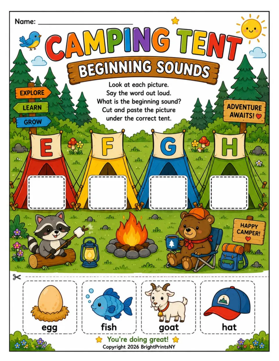 Camping Tent beginning-sounds activity: say egg, fish, goat, and hat, then cut and paste under tents E–H