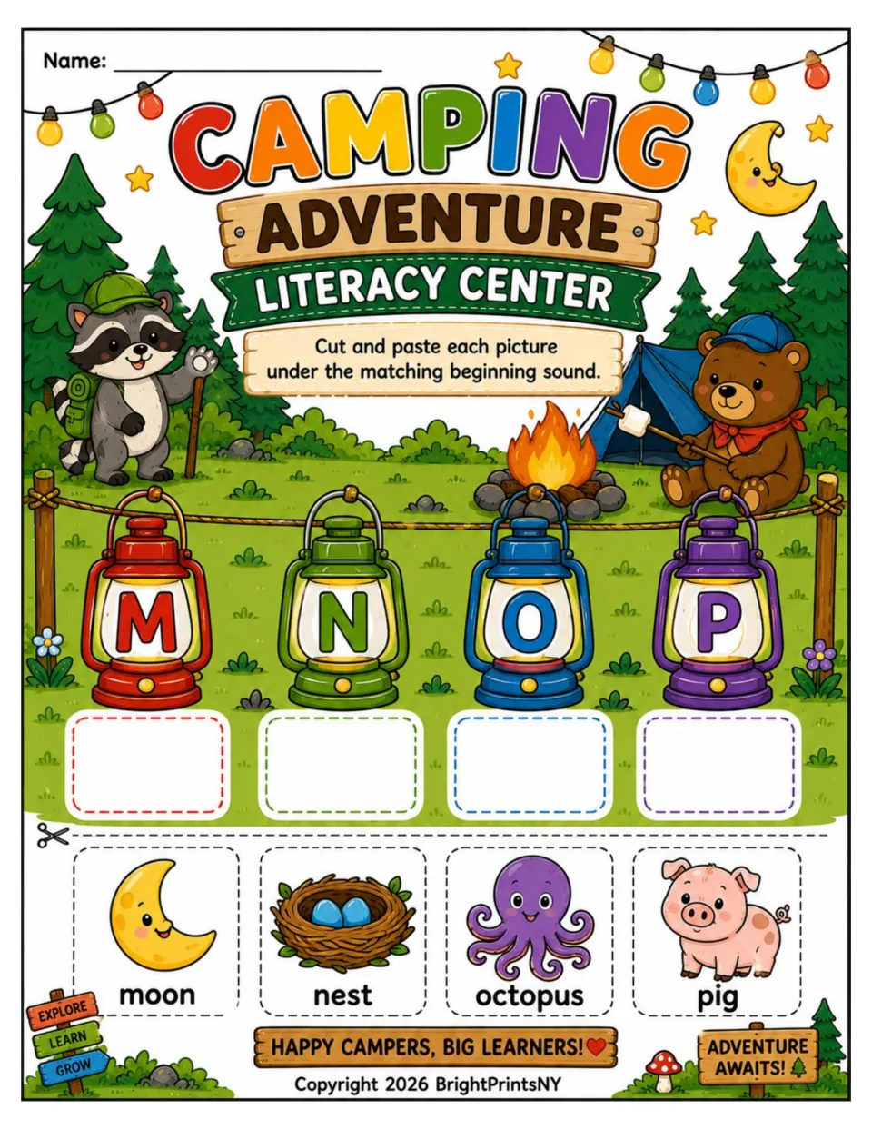 Literacy center beginning-sounds activity matching moon, nest, octopus, and pig to lanterns M, N, O, and P