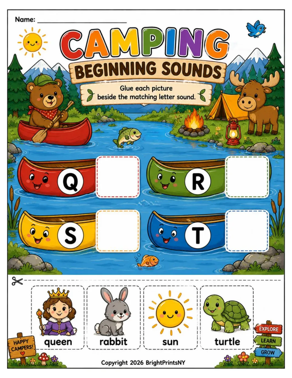 Beginning-sounds picture activity: glue queen, rabbit, sun, and turtle beside canoes labeled Q, R, S, and T