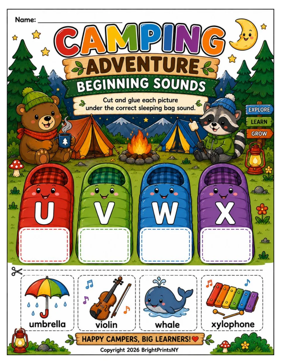 Beginning-sounds cut-and-glue activity matching umbrella, violin, whale, and xylophone to sleeping bags U–X
