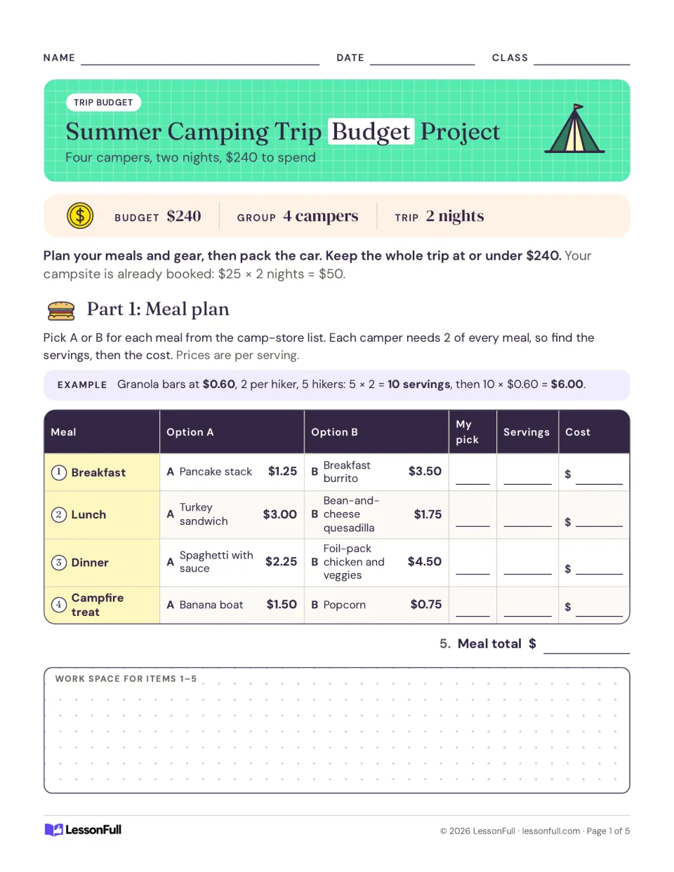 Camping budget project opening page: choose four meal options and calculate servings and costs within $240