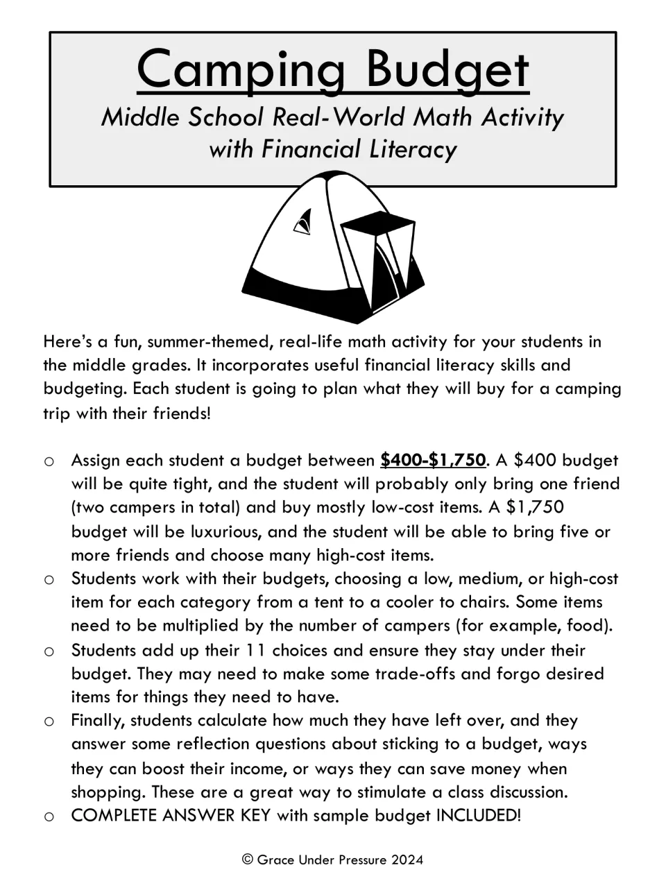 Camping Budget cover and teacher notes: assign $400 to $1,750 to each student, who picks 11 camping items and totals