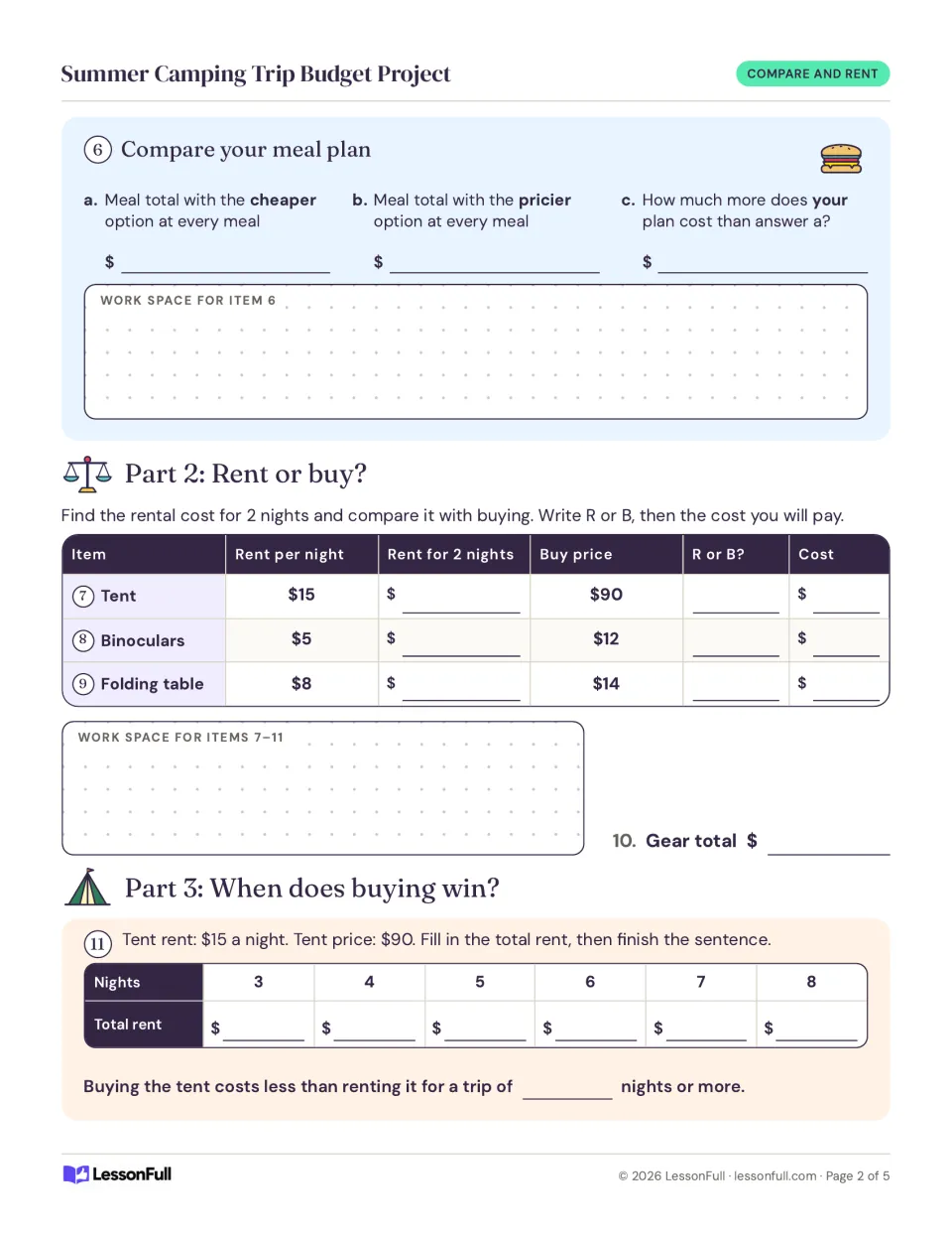 Camping budget tasks 6–11: compare meal totals, rent or buy three gear items, and find when buying a tent wins