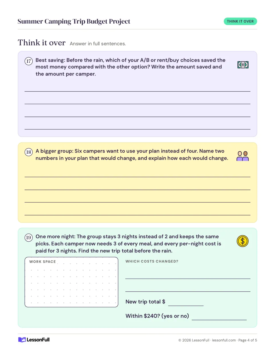 Camping budget reflection tasks 17–19: explain savings, adjust for six campers, and price a three-night trip