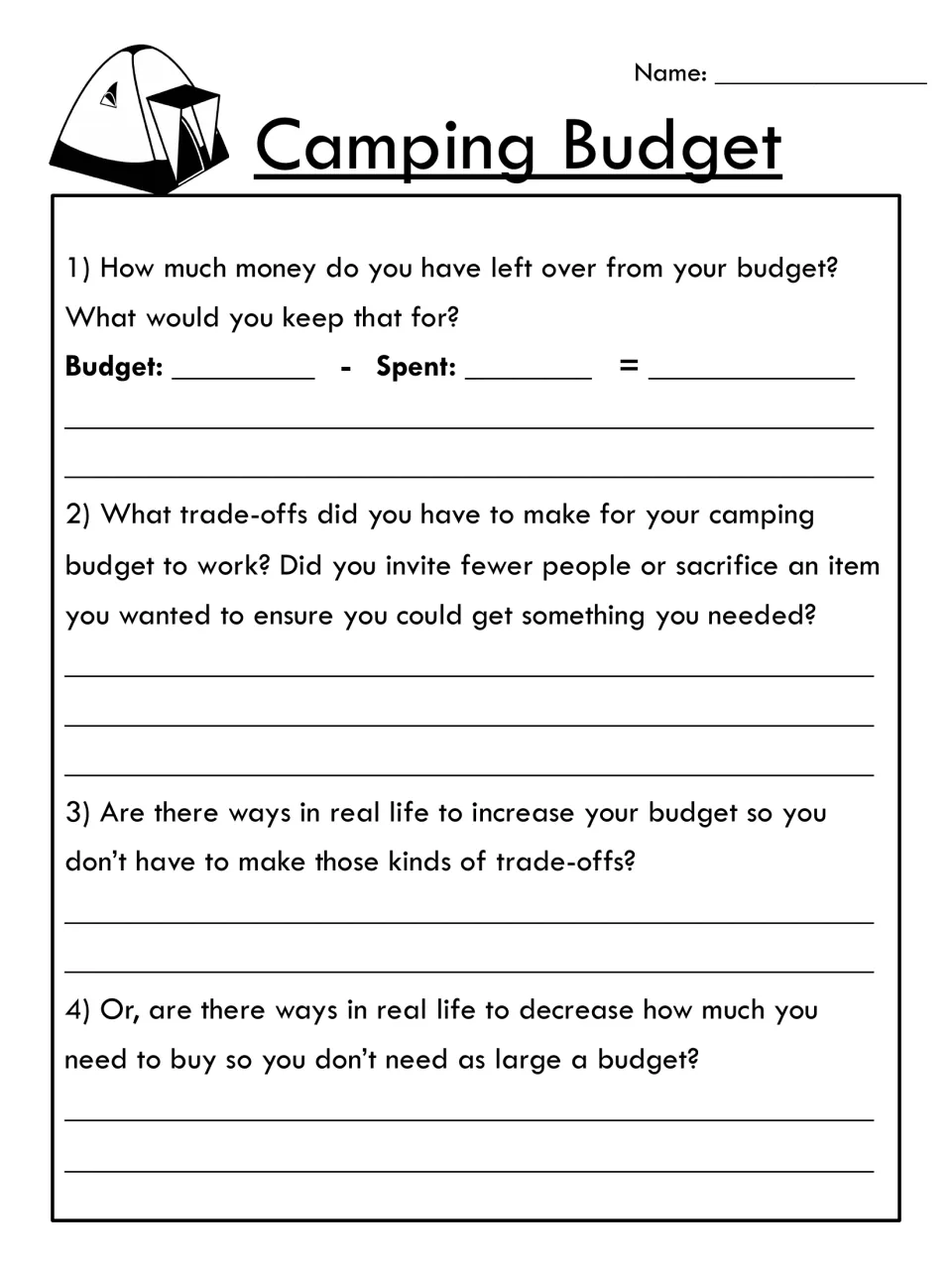 Reflection questions: students subtract spending to find money left over, then explain trade-offs and ways to save or earn