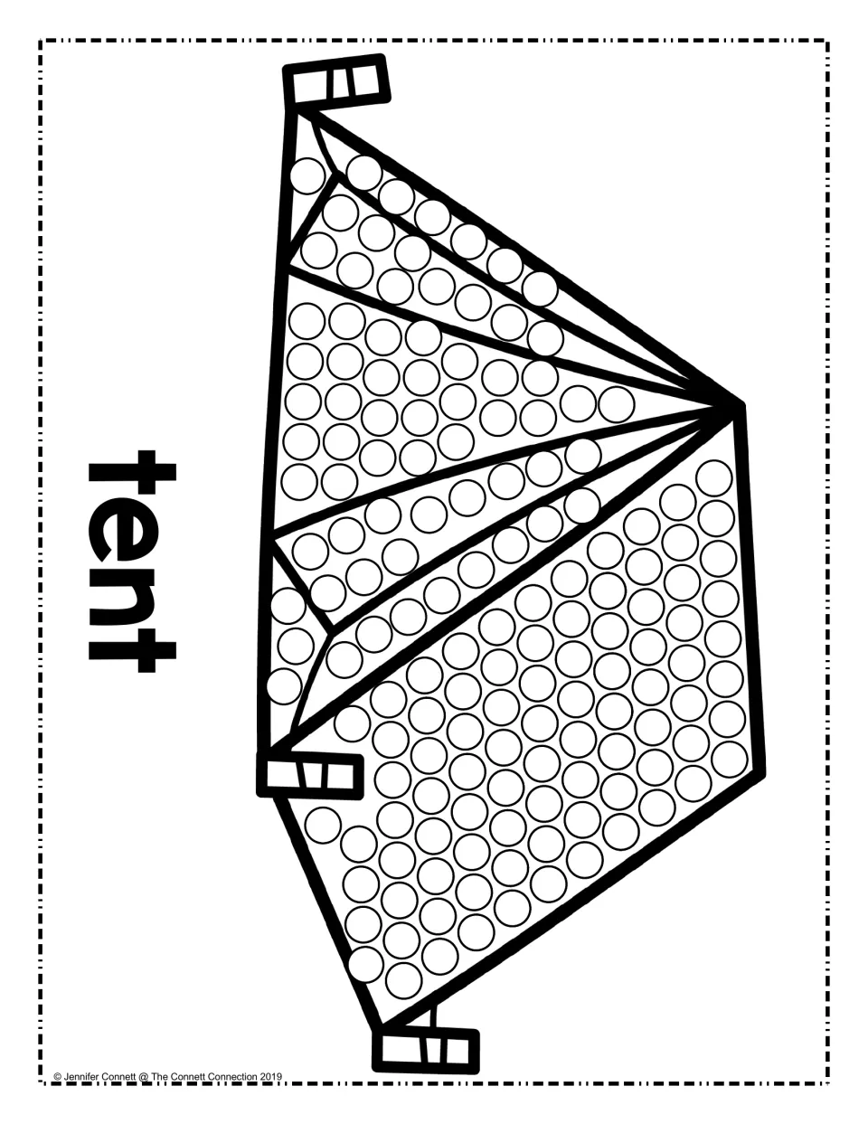 Tent dot painting page: students dab a dot marker in each circle filling a camping tent labeled with the word tent