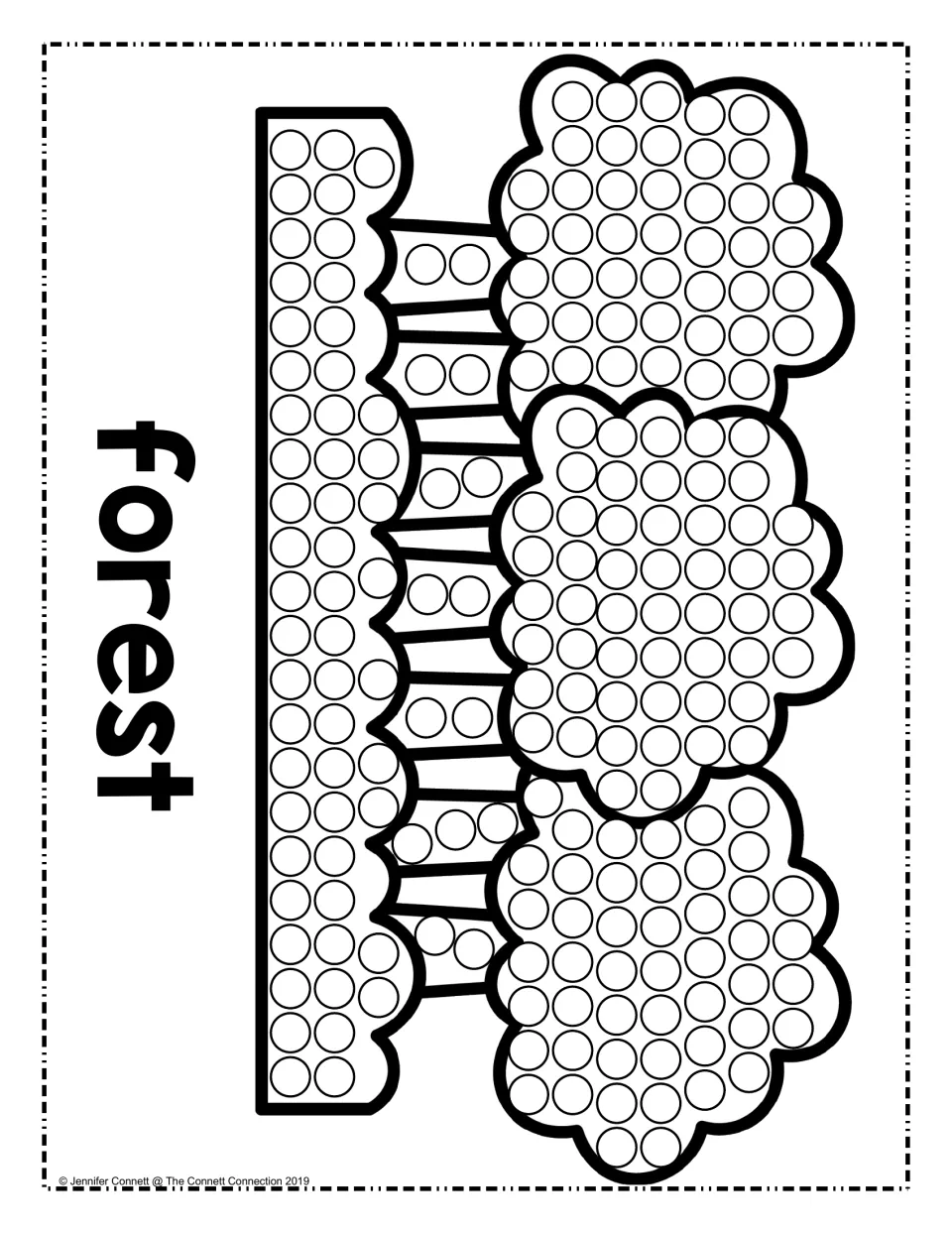 Forest dot painting page: students stamp dots in the circles on three leafy trees and the ground, labeled forest