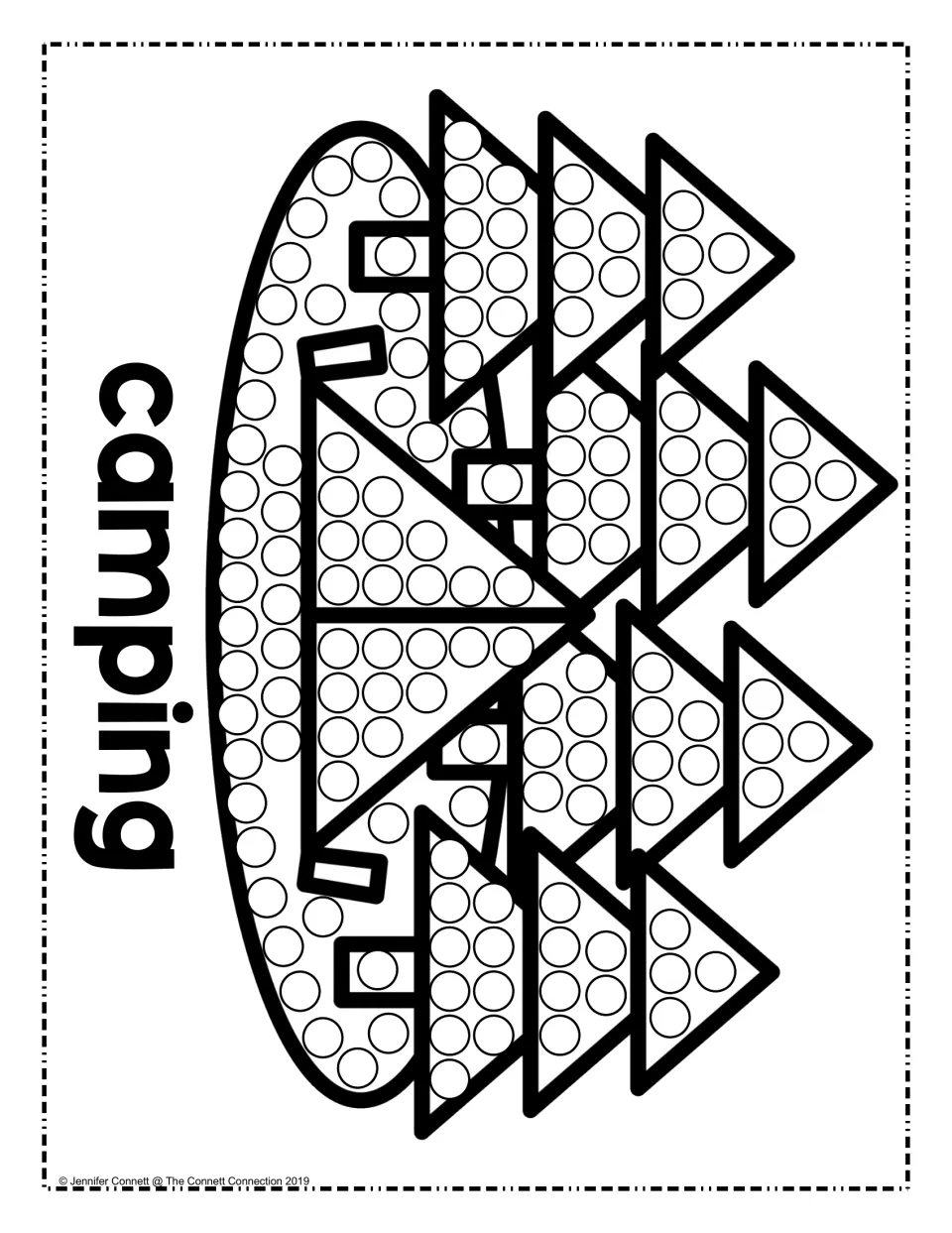 Camping dot painting page: students fill circles on a tent between pine trees on an oval campsite, labeled camping