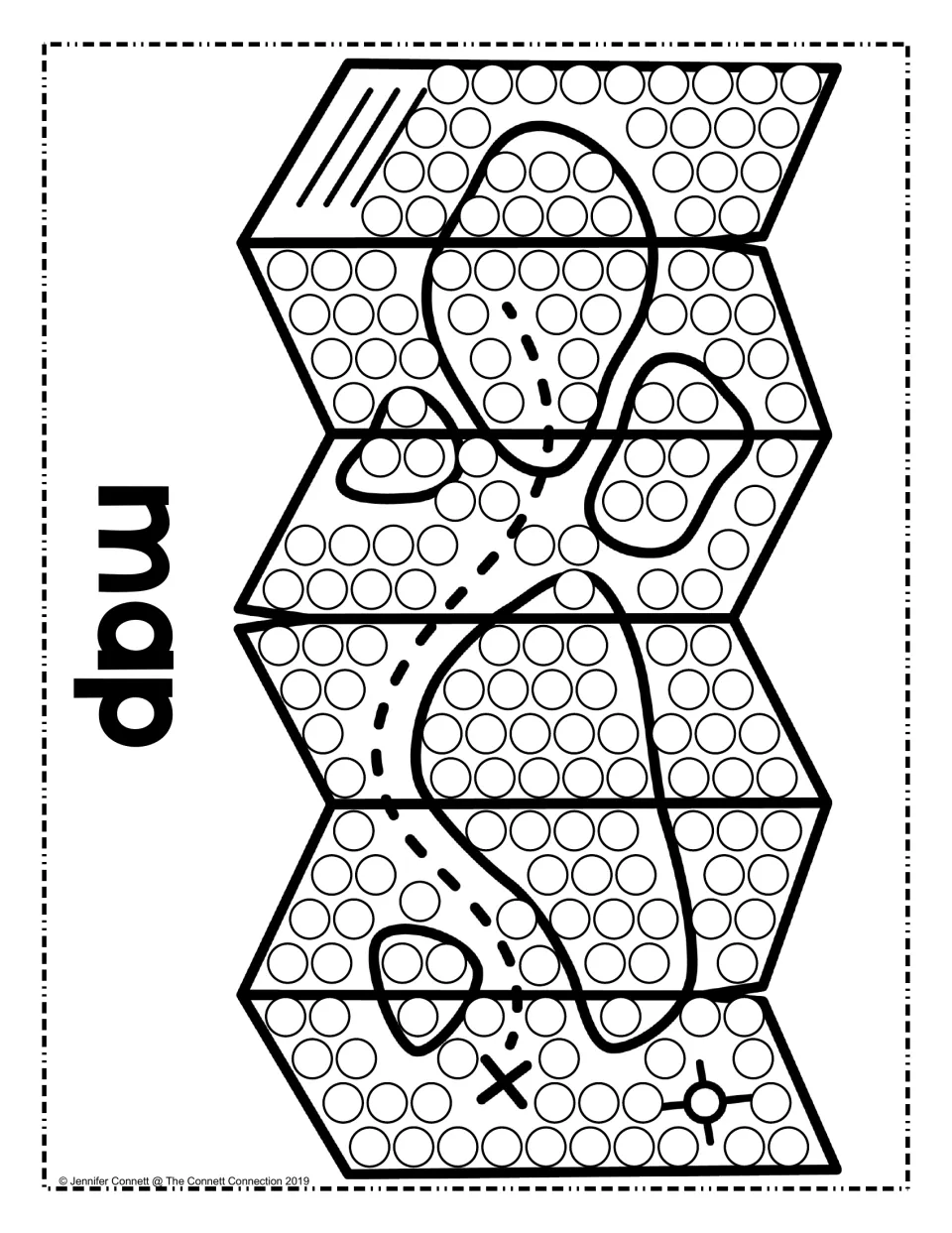 Map dot painting page: students dab dots on a folded trail map with a dashed path, X mark and compass, labeled map