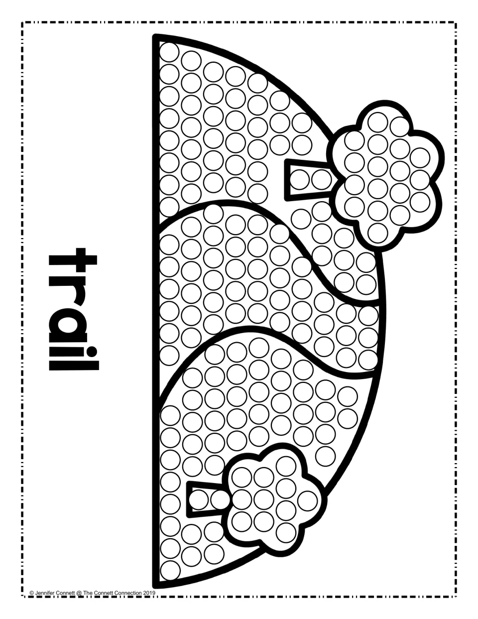 Trail dot painting page: students stamp dots along a winding trail on a hill with two trees, labeled with word trail