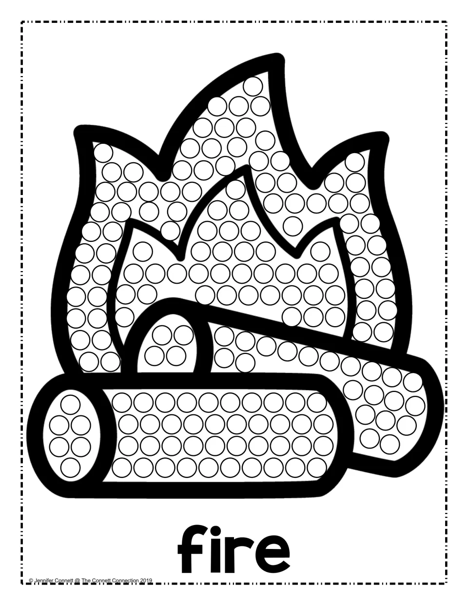 Campfire dot painting page: students dab dots in each circle on the flames and two logs, labeled with the word fire