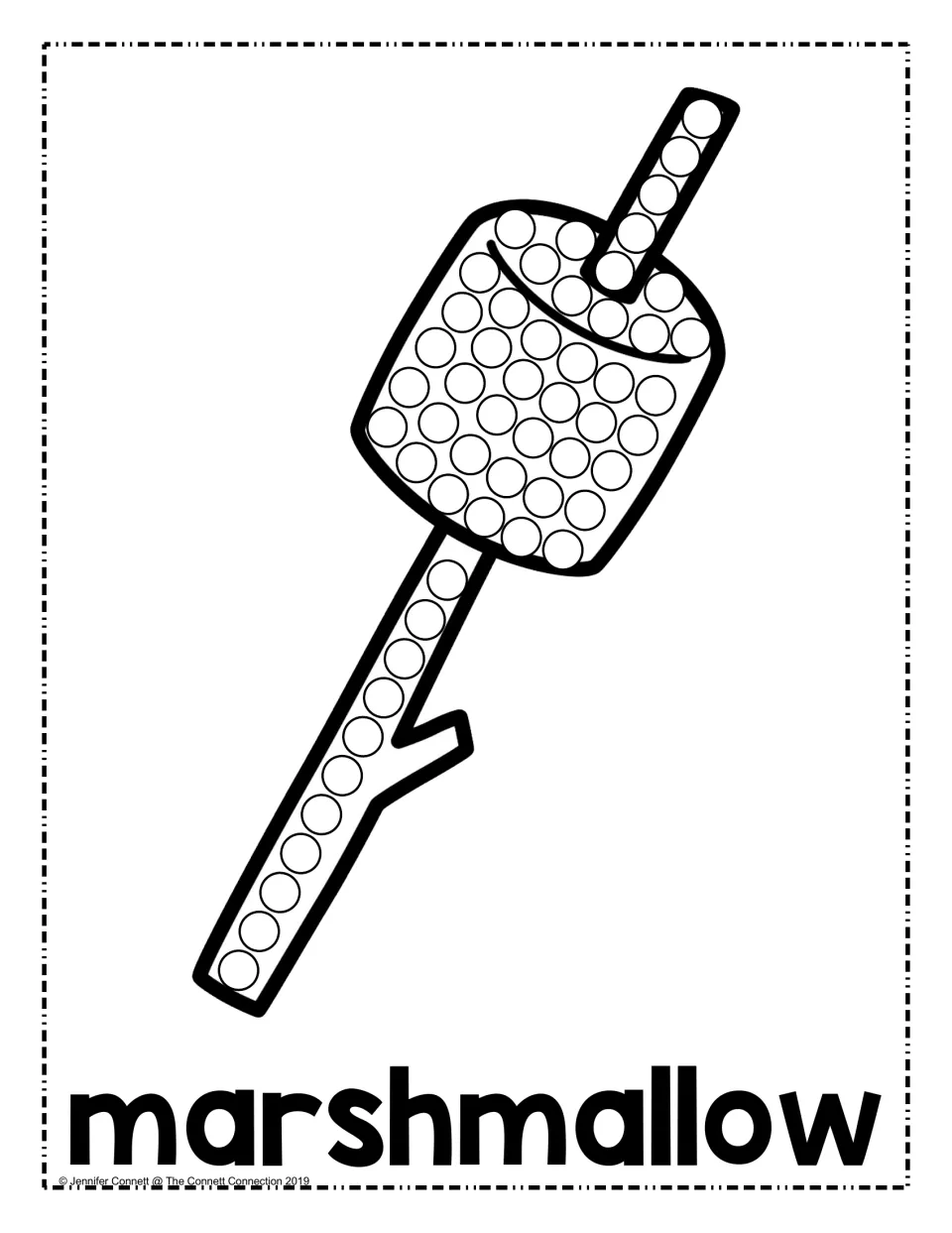 Marshmallow dot painting page: students fill the circles on a marshmallow roasting on a stick, labeled marshmallow