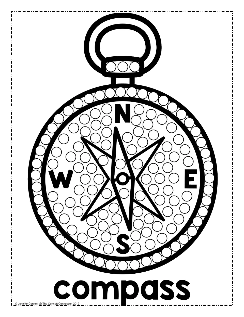 Compass dot painting page: students dab dots around a compass face marked N, E, S and W, labeled with word compass