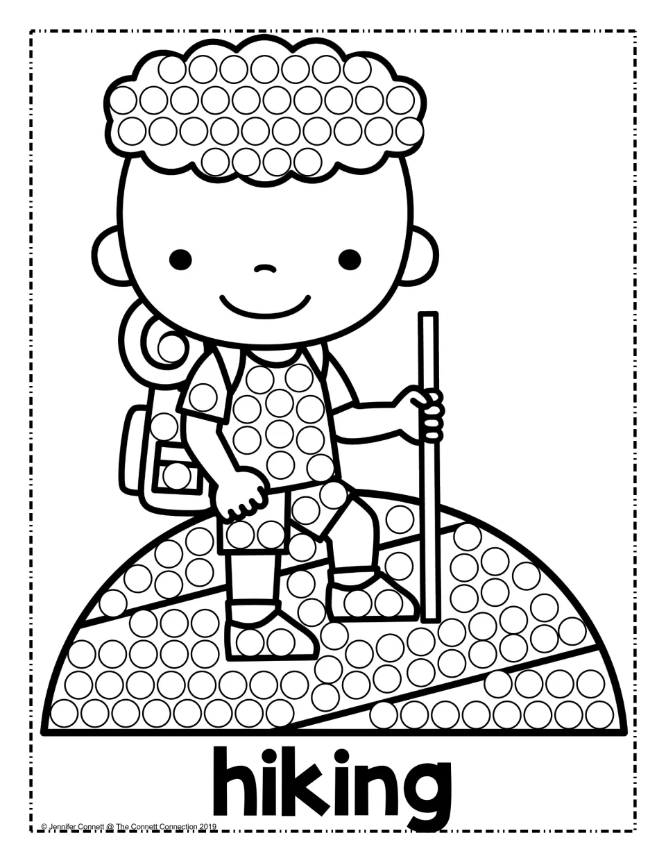 Hiking dot painting page: students dab dots on a child hiker's hair, shirt and the hill below, labeled hiking