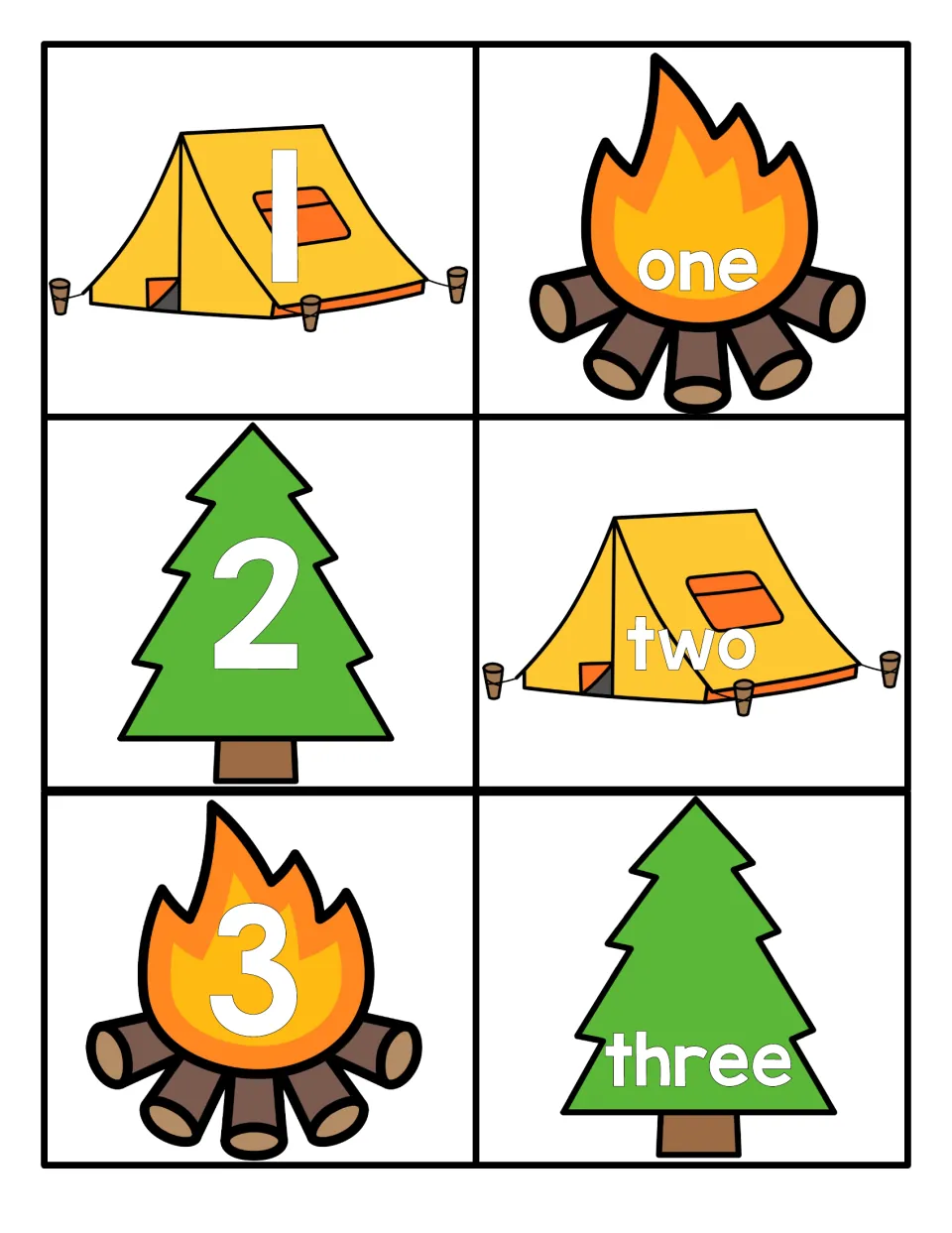 Numbers 1 to 3: cards show numerals 1, 2, 3 and words one, two, three on tent, pine tree and campfire art to match