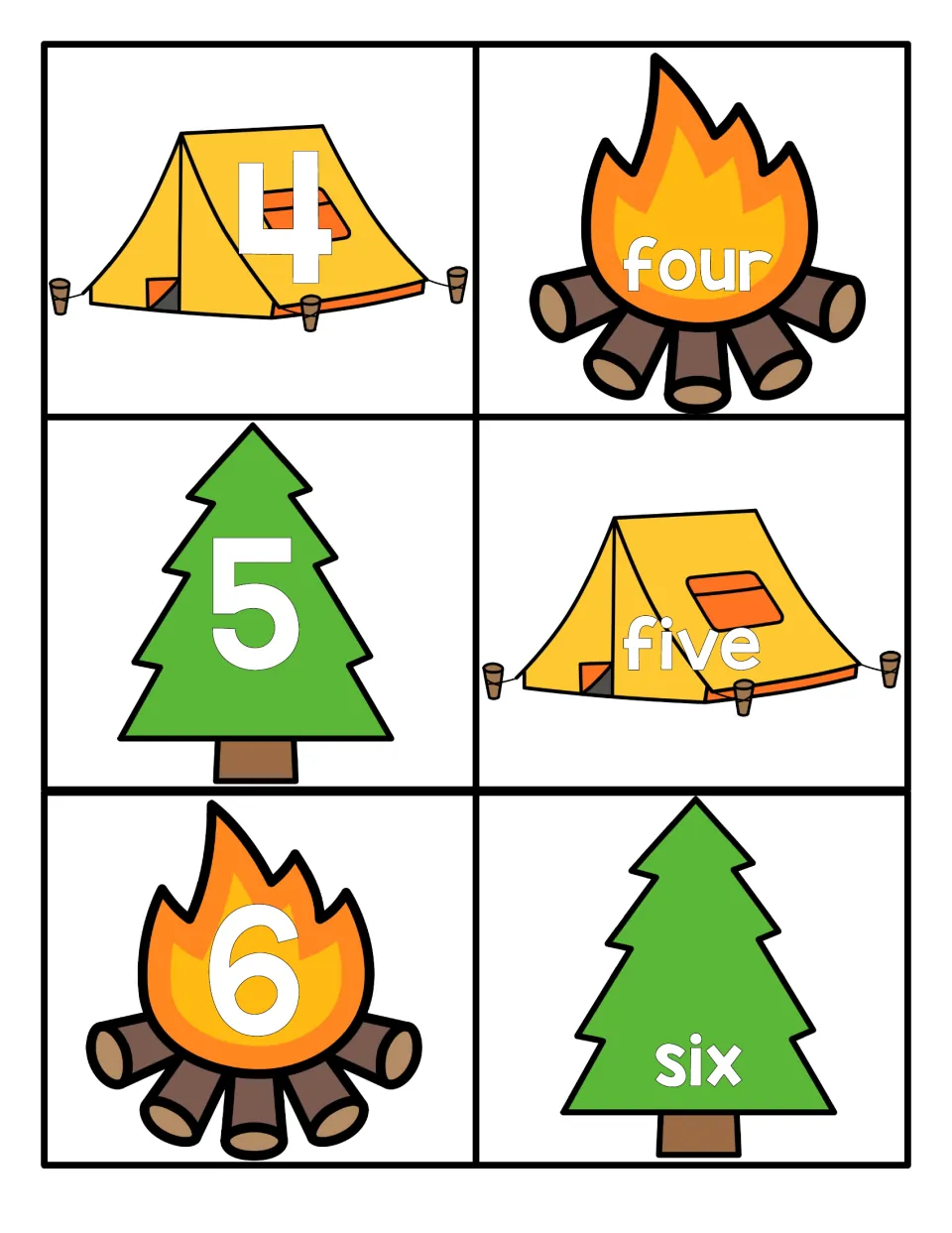 Numbers 4 to 6: numeral cards 4, 5, 6 paired with word cards four, five, six on camping tents, trees and campfires