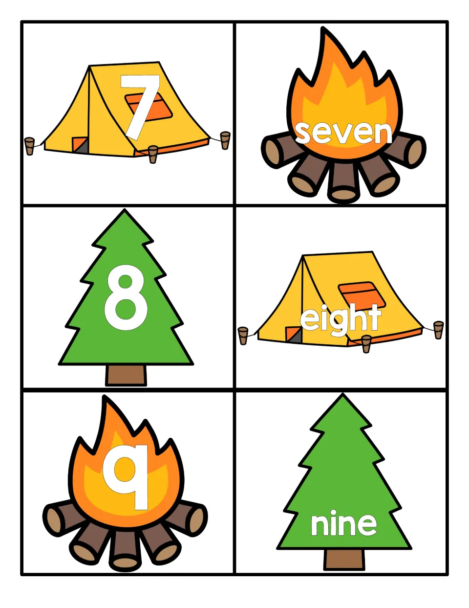 Numbers 7 to 9: cards with numerals 7, 8, 9 and number words seven, eight, nine set on tent, pine tree and fire pictures