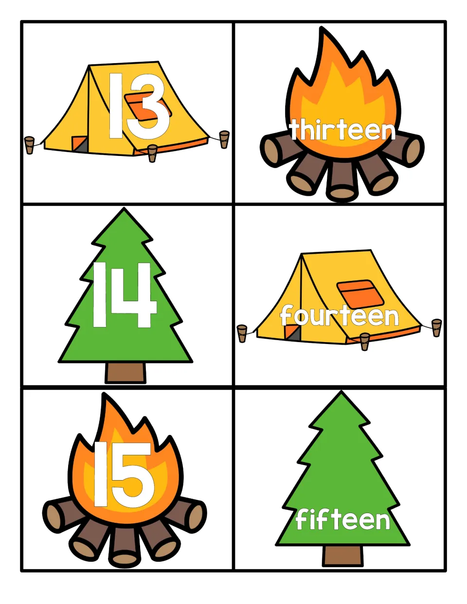 Teen numbers 13 to 15: cards pair numerals 13, 14, 15 with the words thirteen, fourteen, fifteen on tents, trees and fires