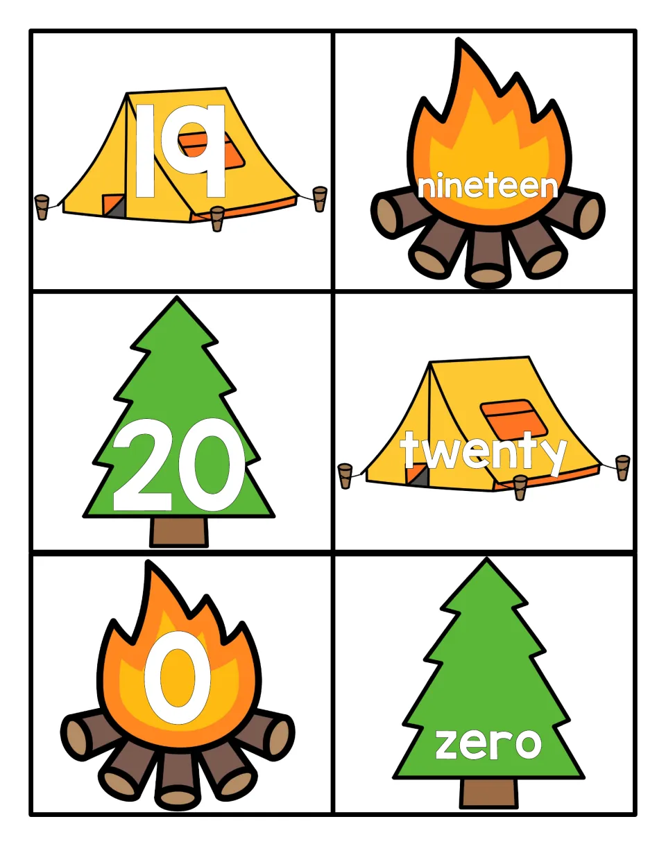 Numbers 19, 20 and 0: numeral cards with words nineteen, twenty and zero on tent, pine tree and campfire illustrations