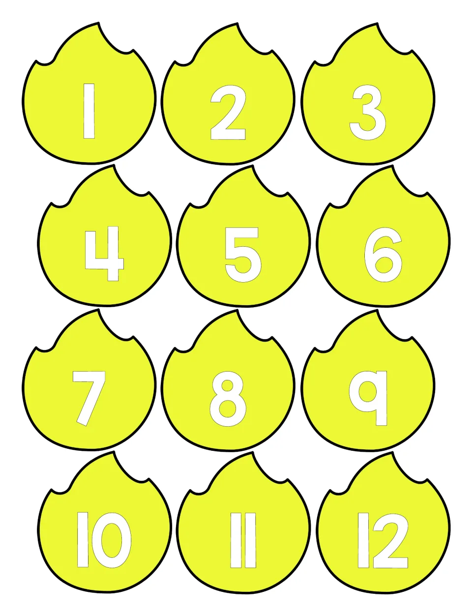 Numerals 1 to 12 on yellow flame cut-out pieces that students cut apart to match with number words and cube counts