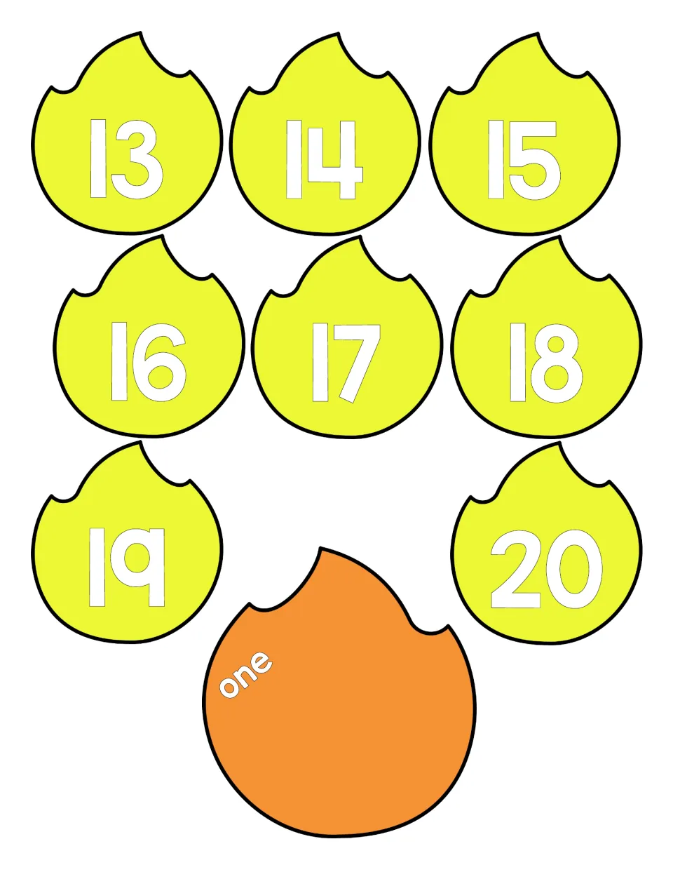 Numerals 13 to 20 on yellow flame cut-outs, plus an orange flame piece labeled with the number word one