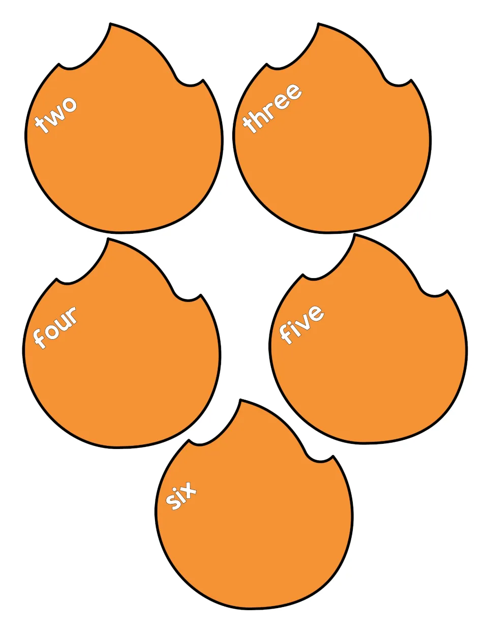 Number words two through six on orange flame cut-out pieces for matching each word to its numeral
