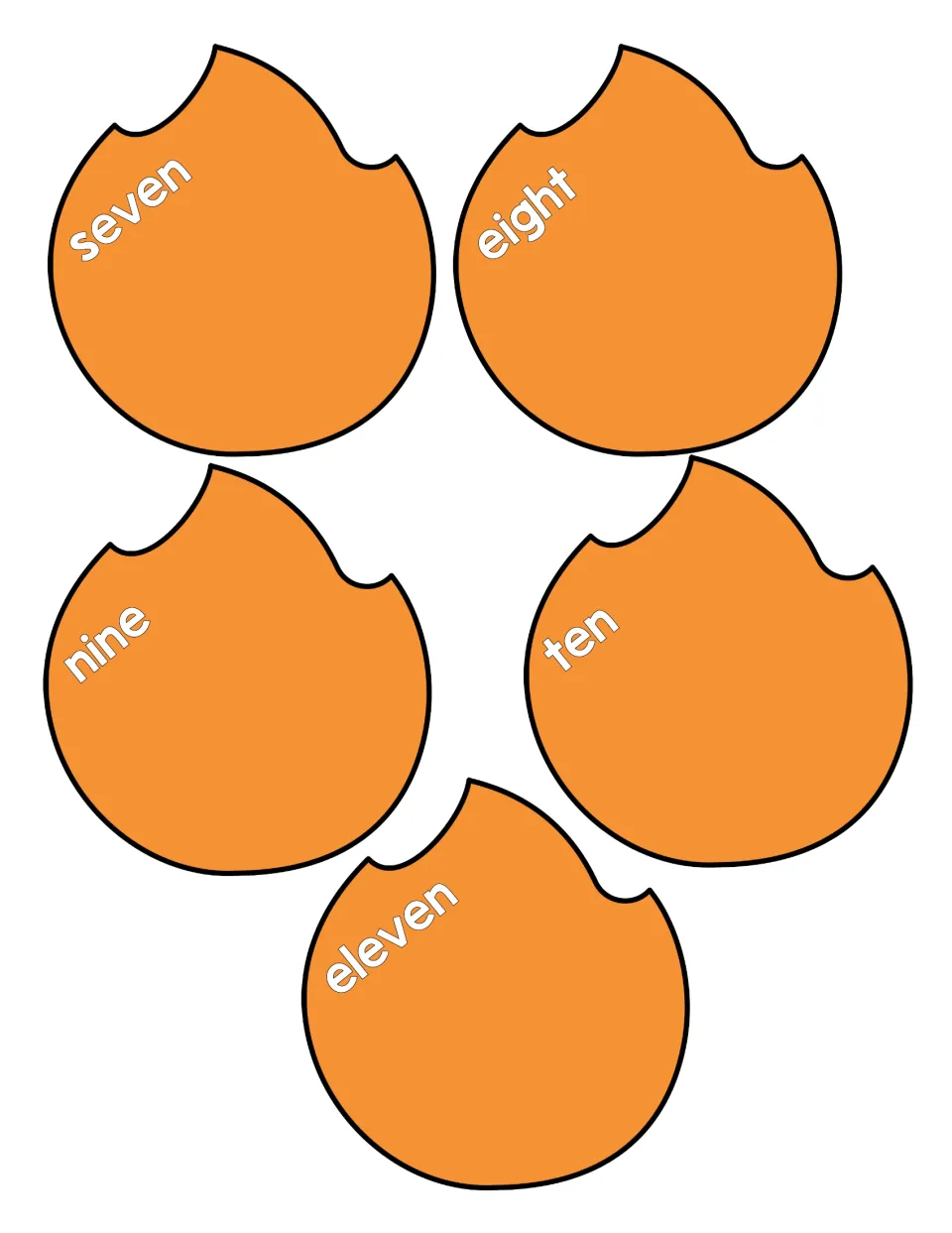 Number words seven through eleven on orange flame cut-outs, ready to pair with the yellow numeral flames