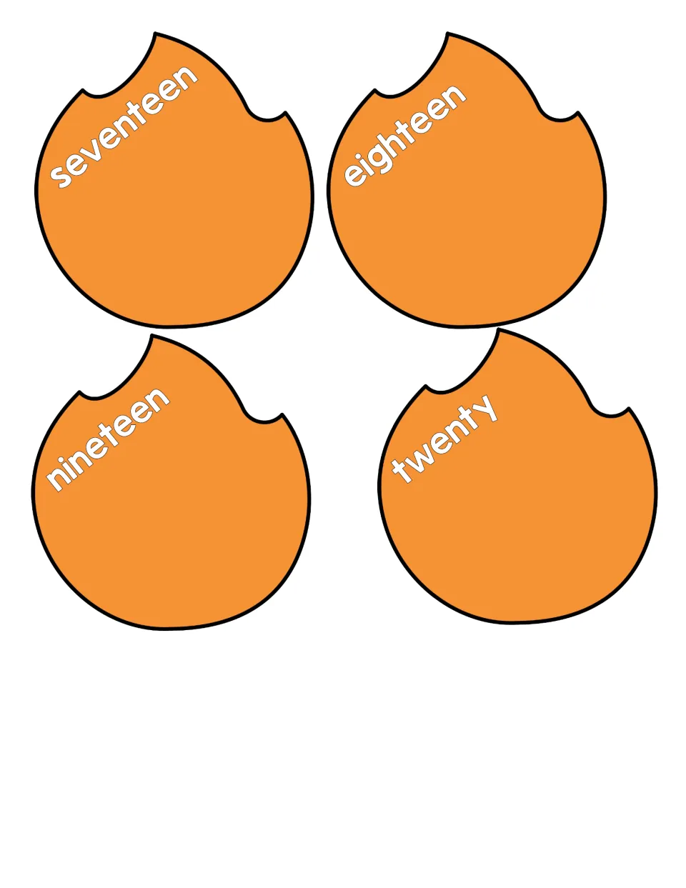 Number words seventeen, eighteen, nineteen and twenty on orange flame cut-outs to complete the word set