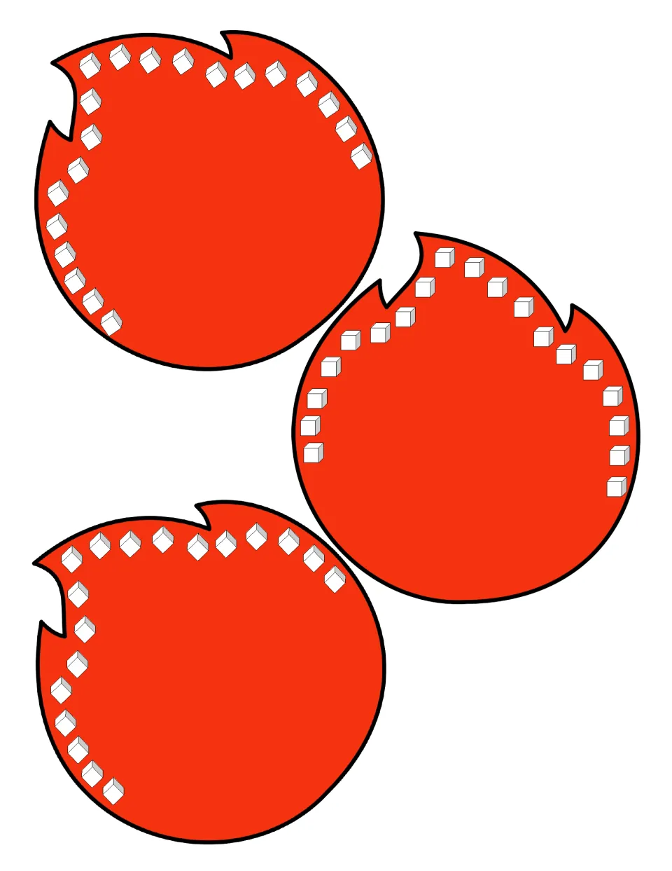 Counting cubes: red flame cut-outs edged with 20, 19 and 18 white cubes for students to count and match to a numeral