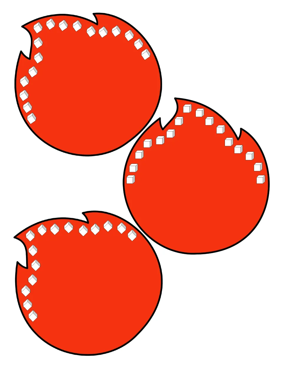 Counting cubes: red flame cut-outs showing 17, 16 and 15 white cubes along the edge to count and match